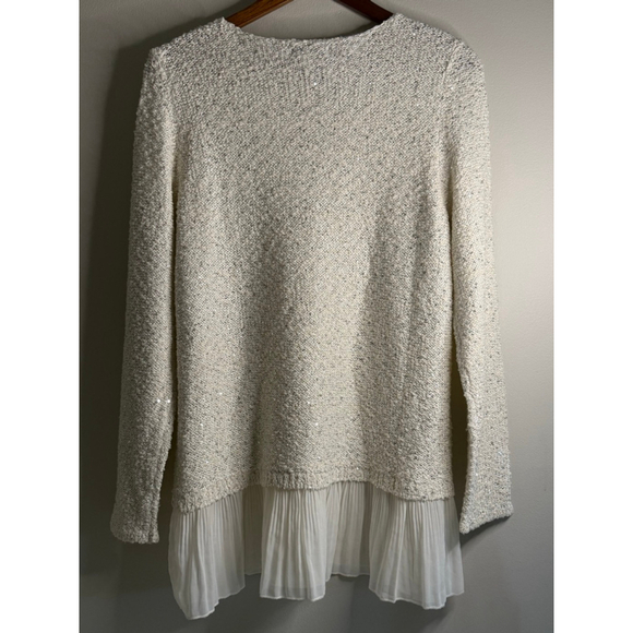 Alfani Sequin Knit Sweater Tunic w/ Chiffon Hem White Medium - Picture 2 of 5